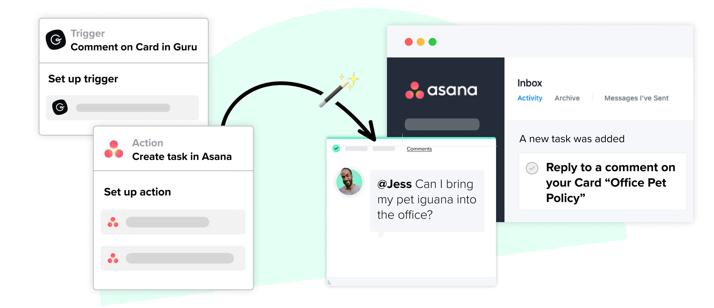A visual representation of what it looks like to create a Zap between Guru and Asana