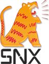 SNX lion logo: an orange lion with red stripes in full roar, facing right
