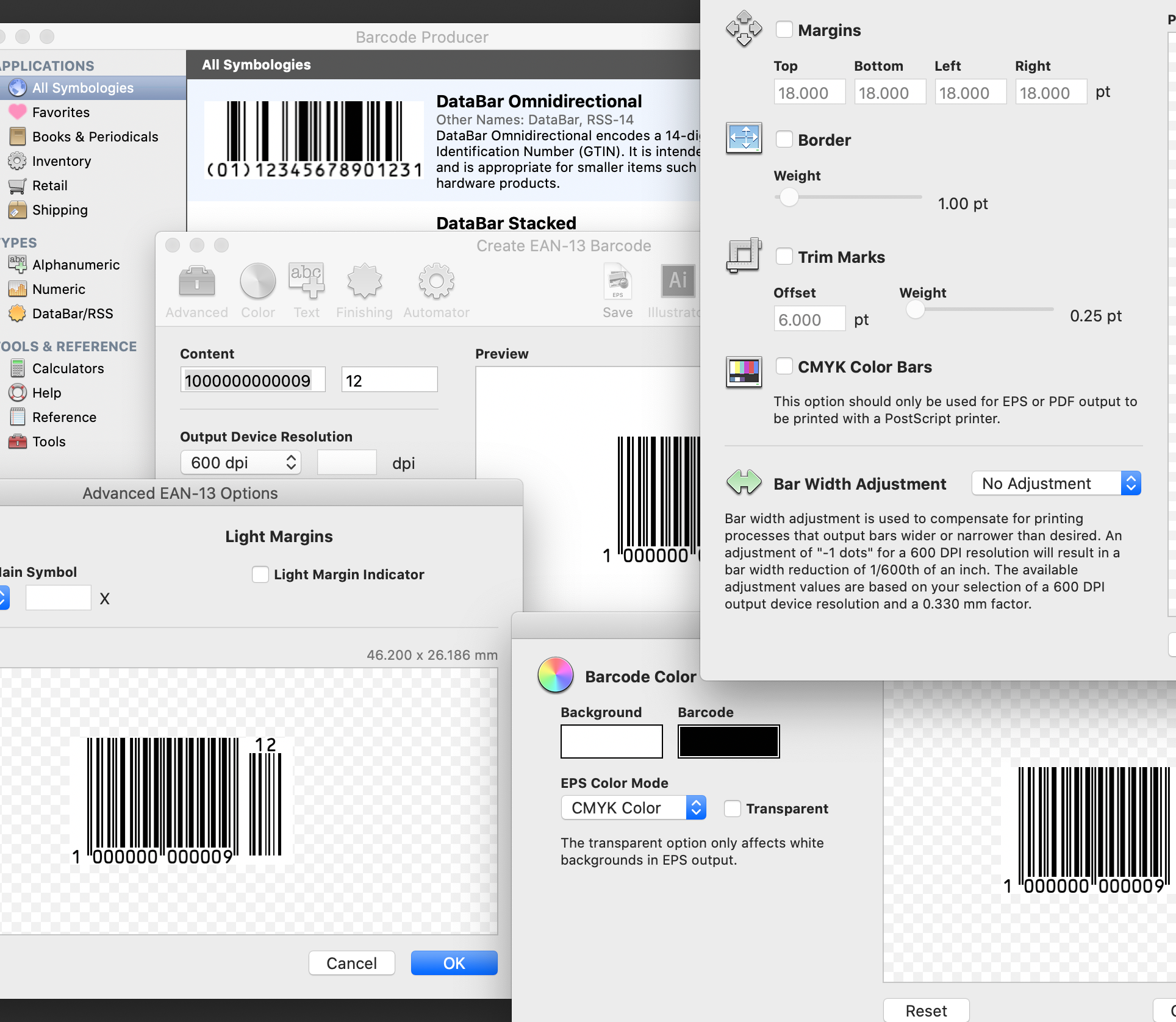 A composite of Barcode Producer screenshots to demonstrate its power and versatility