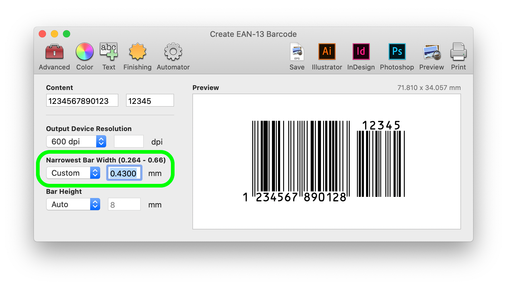 Make adjustments in the Create EAN-13 Barcode window for a better fit