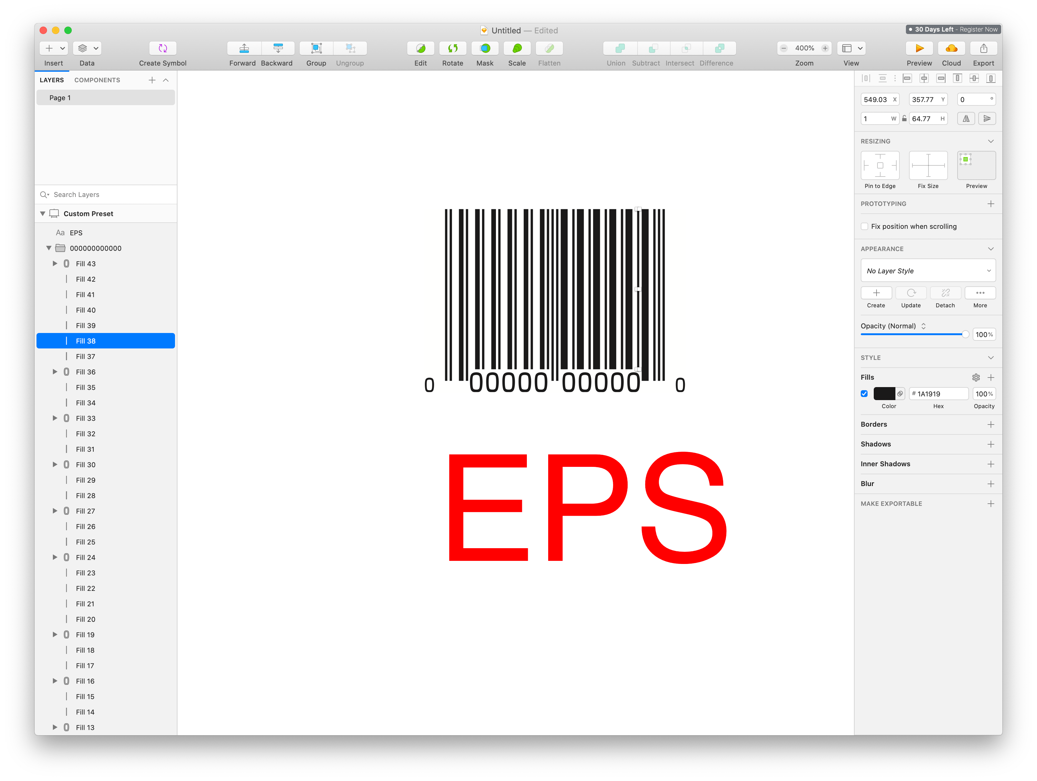 Sketch edit screen with an EPS barcode placed
