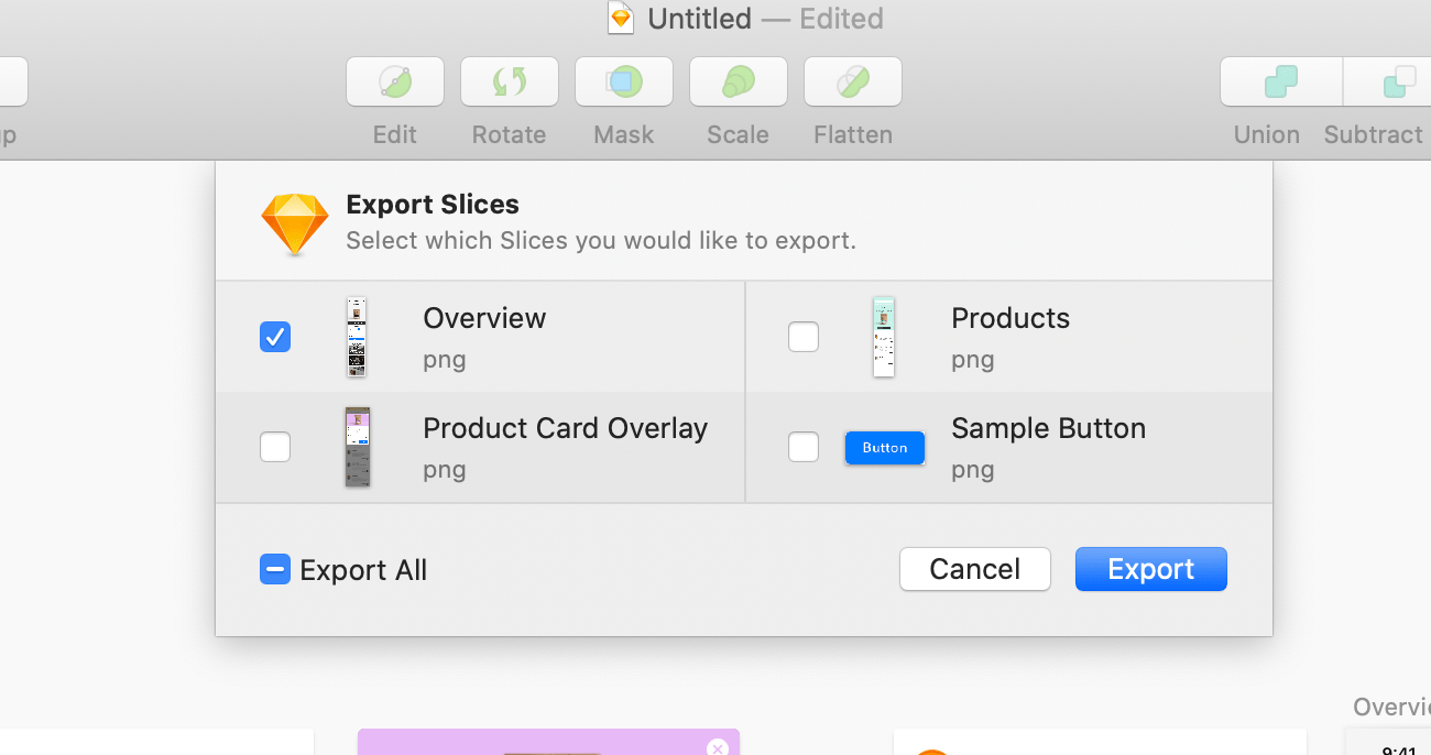 Sketch Export screen