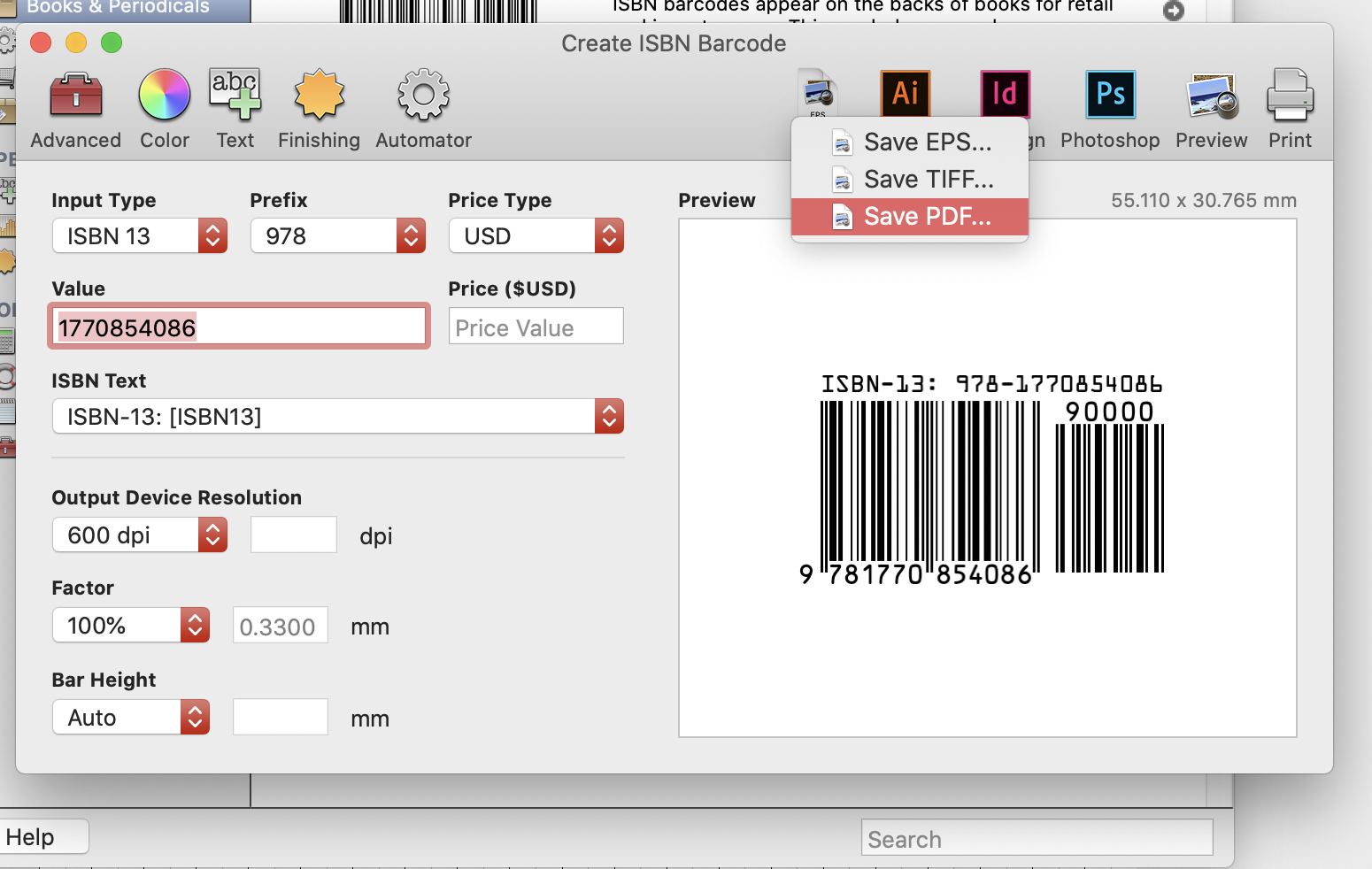 Saving a barcode as PDF in Barcode Producer