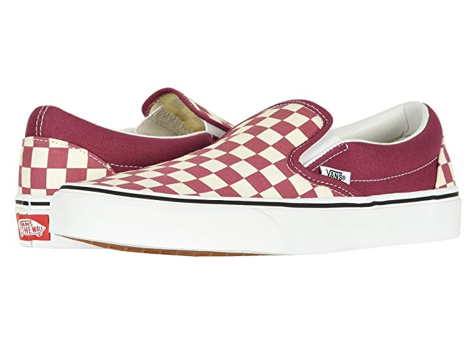 Vans checkerboard slips in maroon and white.