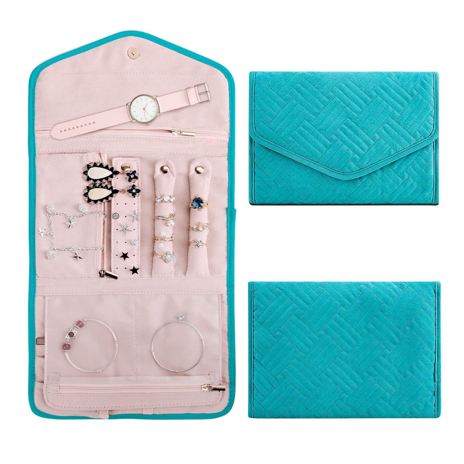 The SY Home & Outdoor Travel Jewelry Organizer with a watch and jewelry inside.