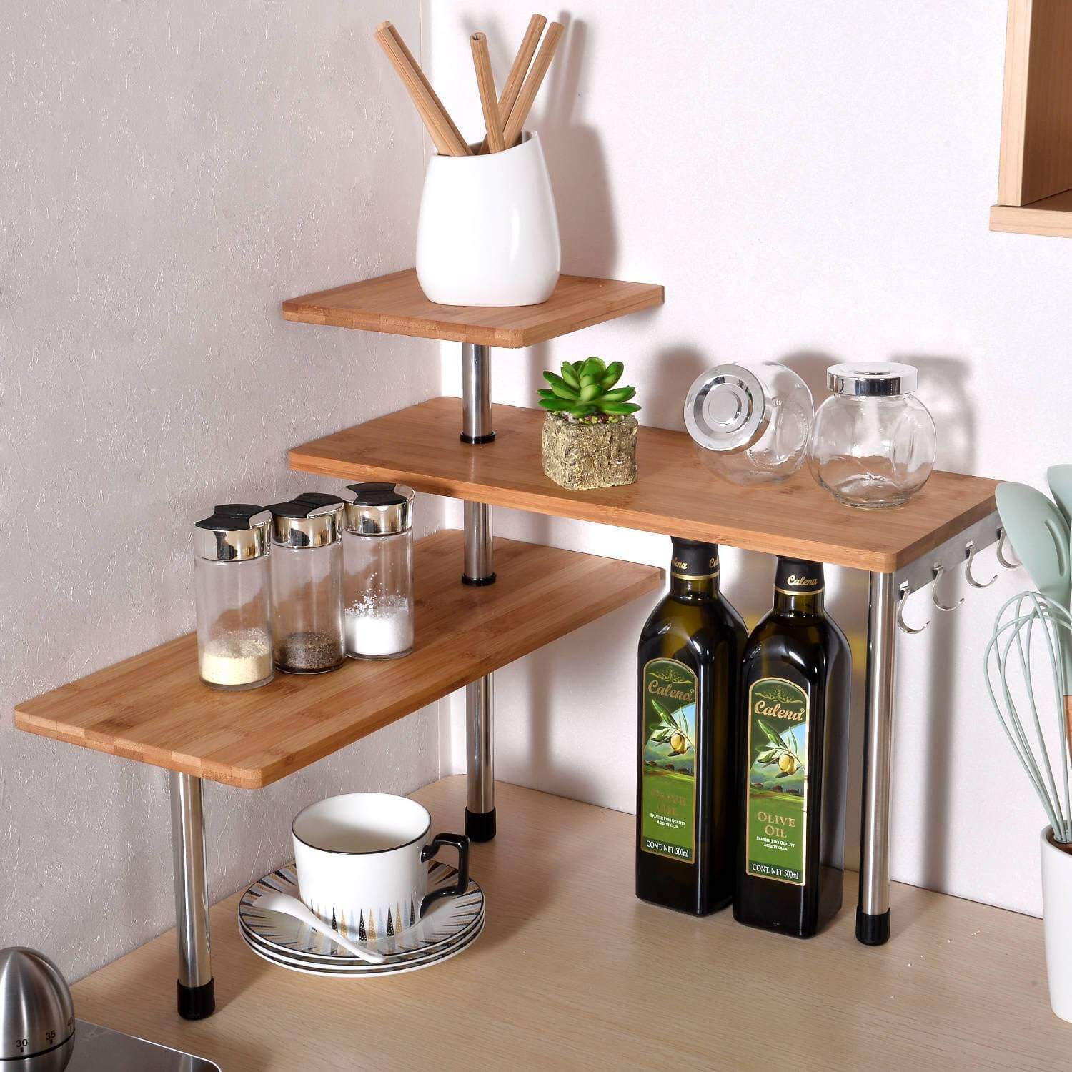Three-tiered open shelves.