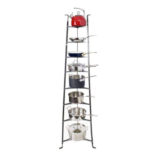 A metal shelving unit designed to carry pots and pans.