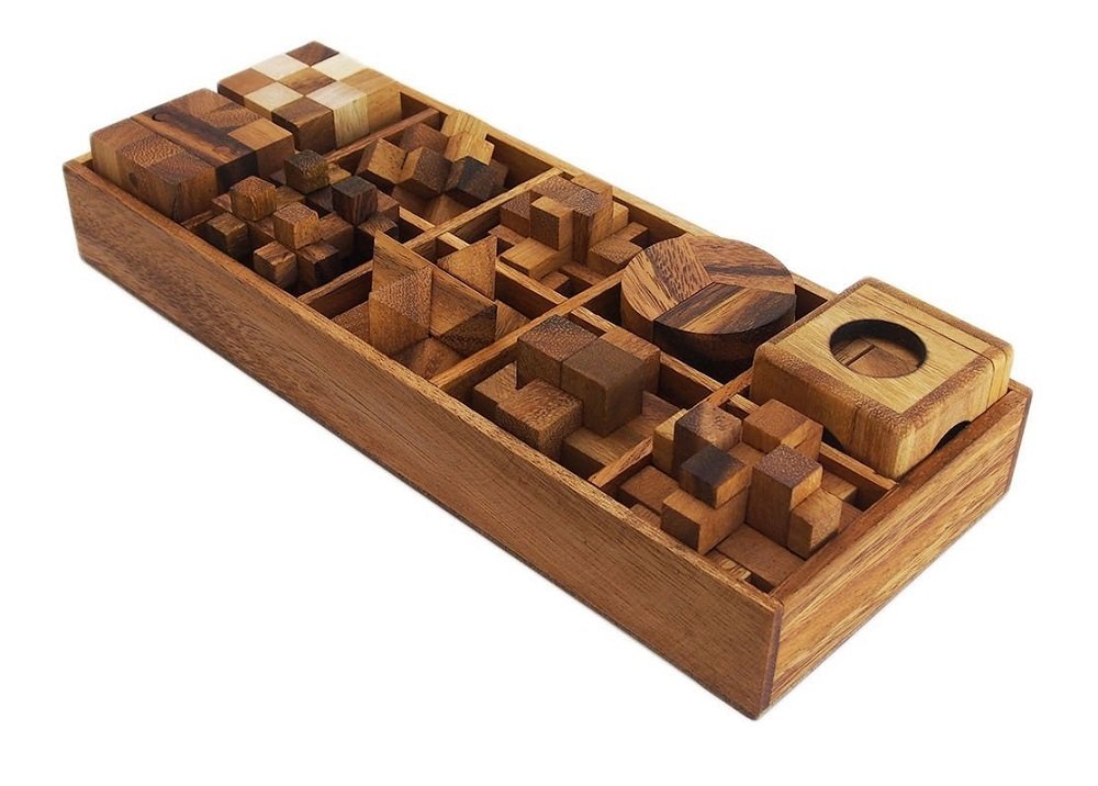 10 different wood brain teasers.