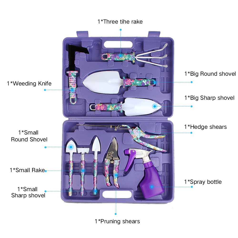 A purple and tie-dye gardening kit.