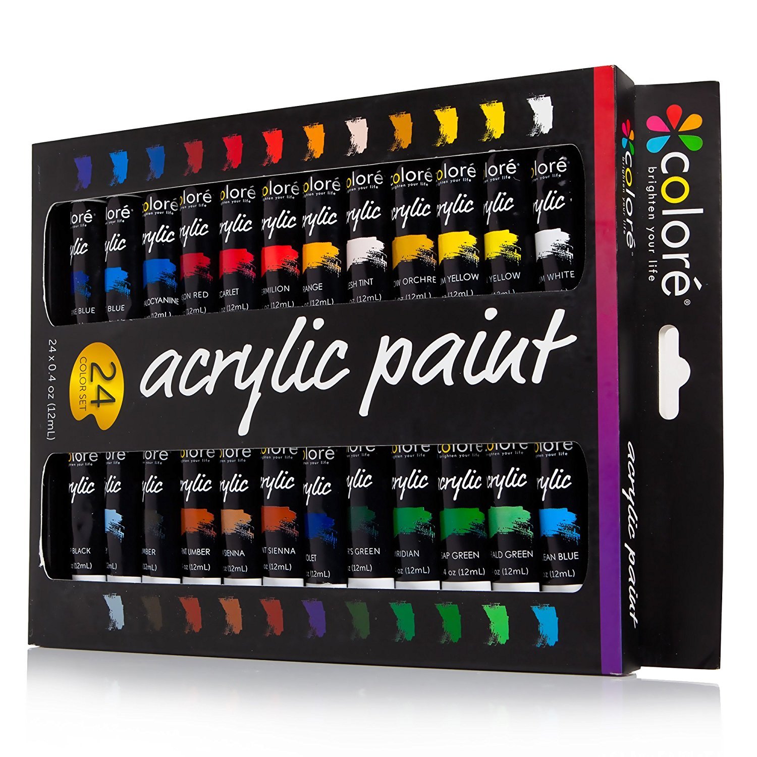 A set of acrylic paints with 24 colors.