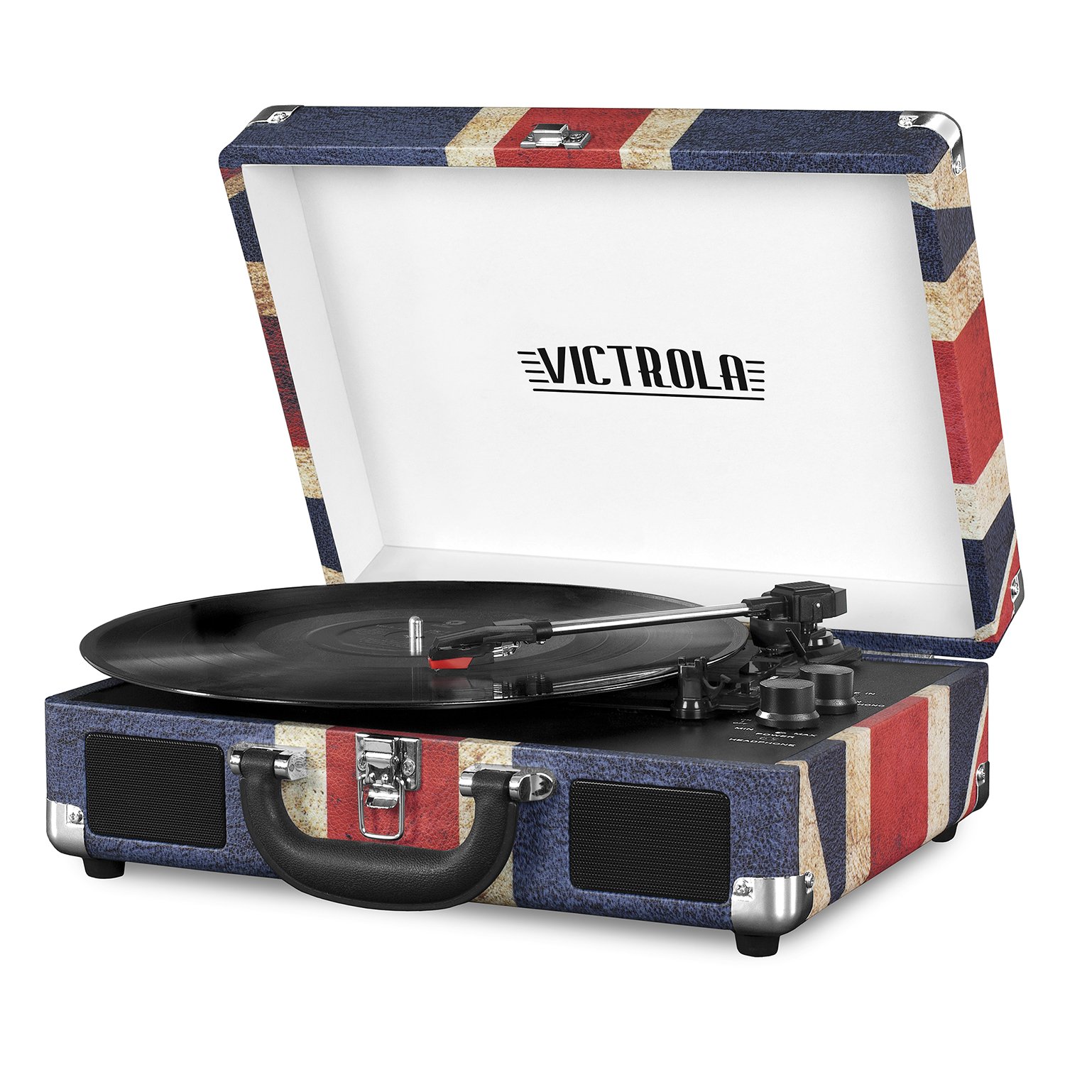 A record player with the English flag on the box.