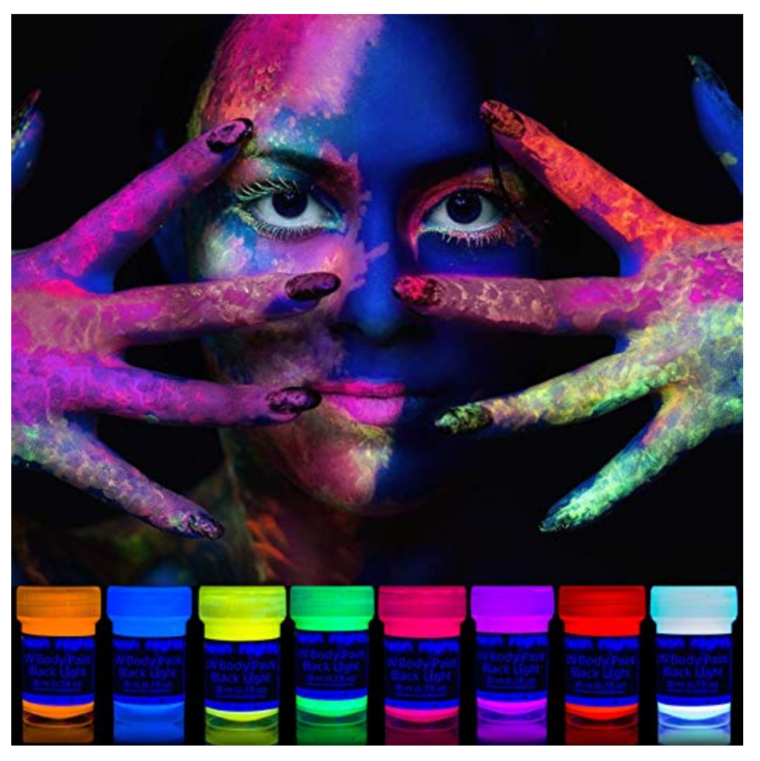 A person with glow in the dark paint on her face.