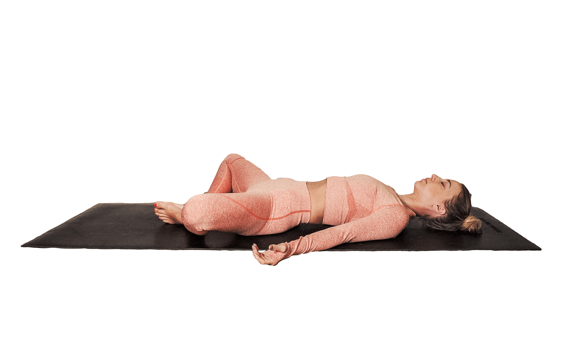 SUPTA BADDHA KONASANA. Lie on your back with the soles of your feet together and knees dropping open to each side.