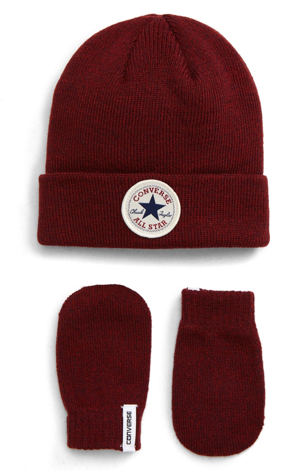 A red hat and mitten set.