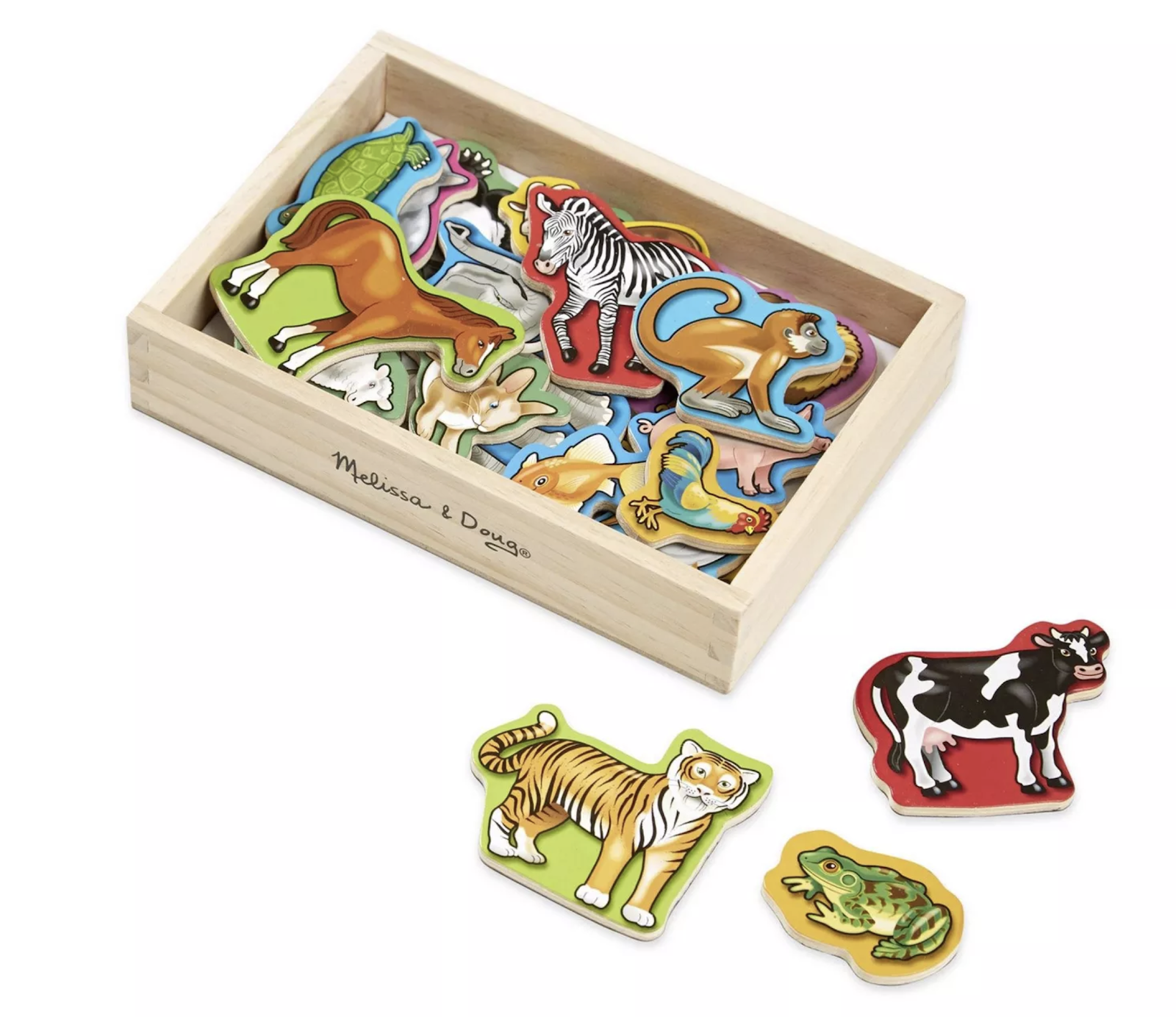 An assortment of wooden animal magnets.