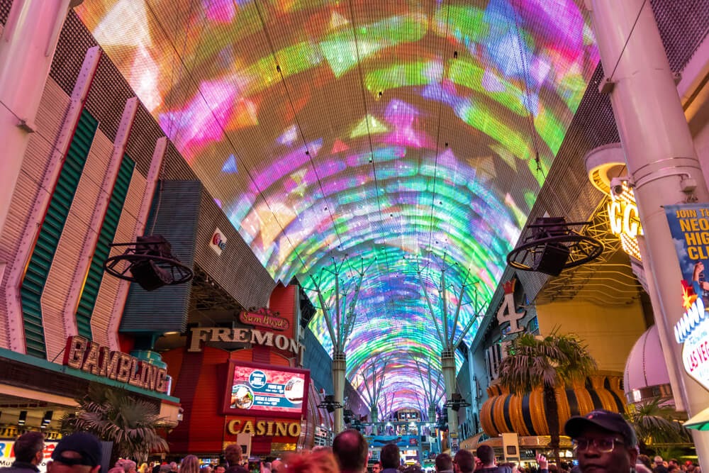 Bright neon lights on casino ceiling