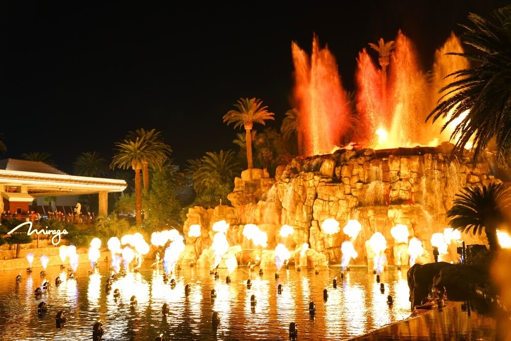 Water and light show that looks like a volcano erupting