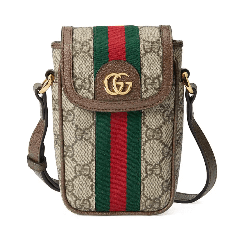Phone case with green and red stripe, gold designer label, and strap.