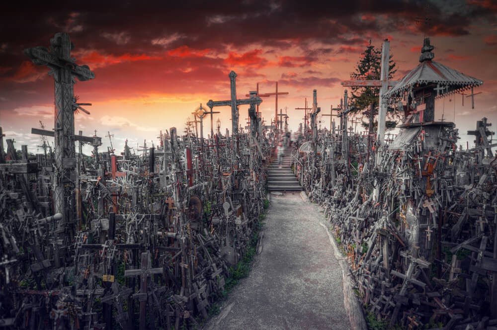 Artist rendition of the Hill of Crosses in Lithuania.