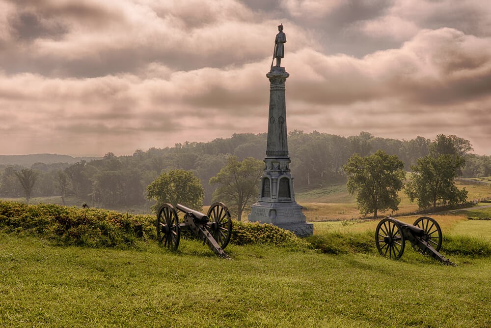 Monument at Gettysburg, Pennsylvania photographed against a dark sky