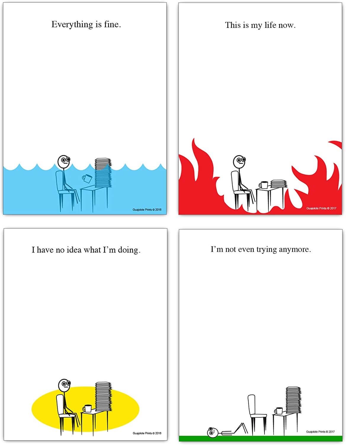 Snarky notepads with a stick figure sitting at a desk.