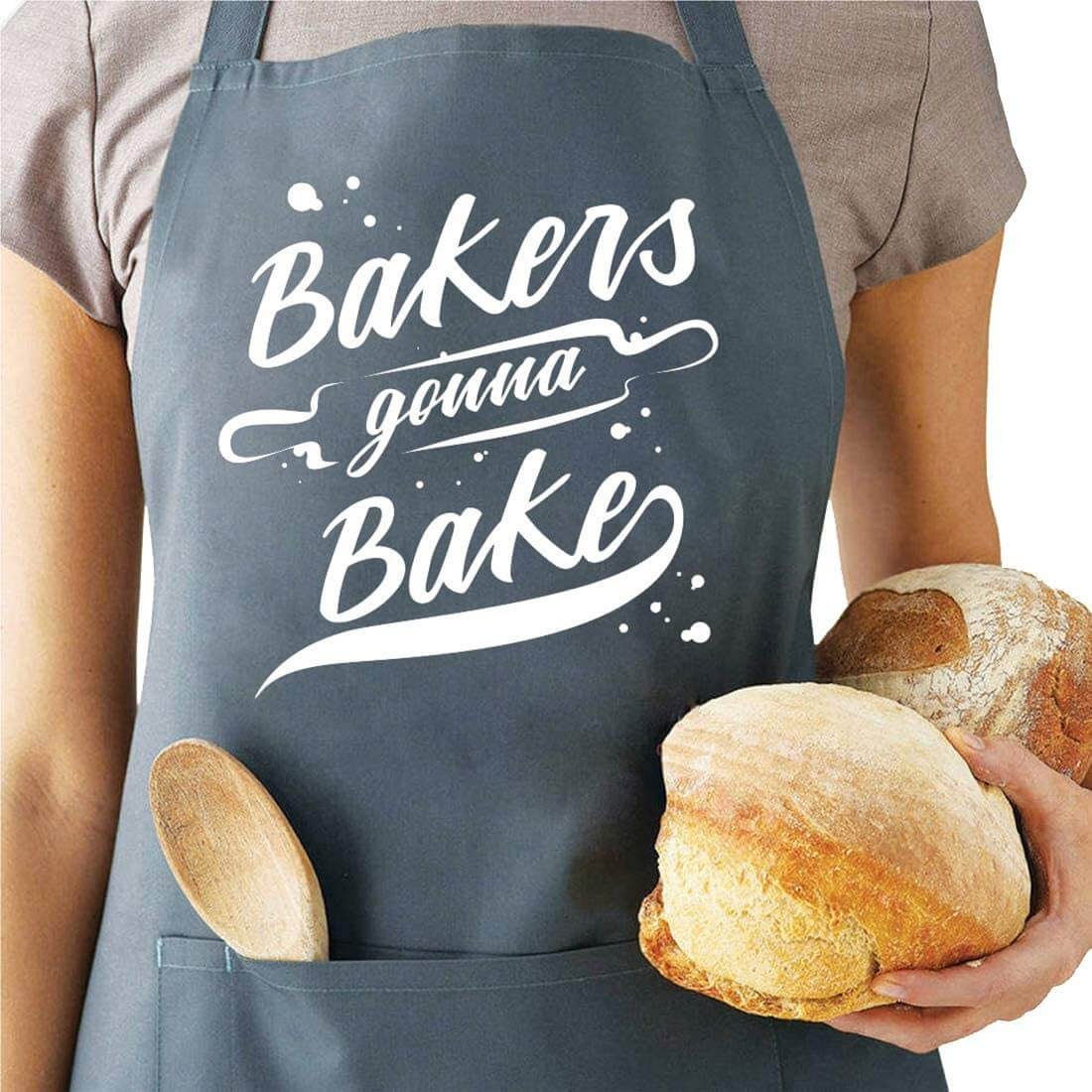 Grey apron saying, "Bakers gonna bake."