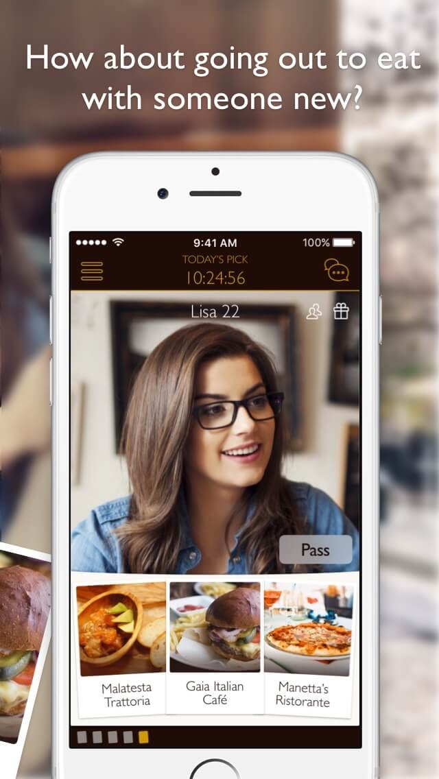 Dine ad featuring a woman in glasses and smart phone features.