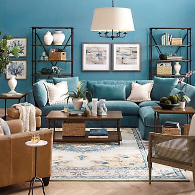 Blue and wood living room