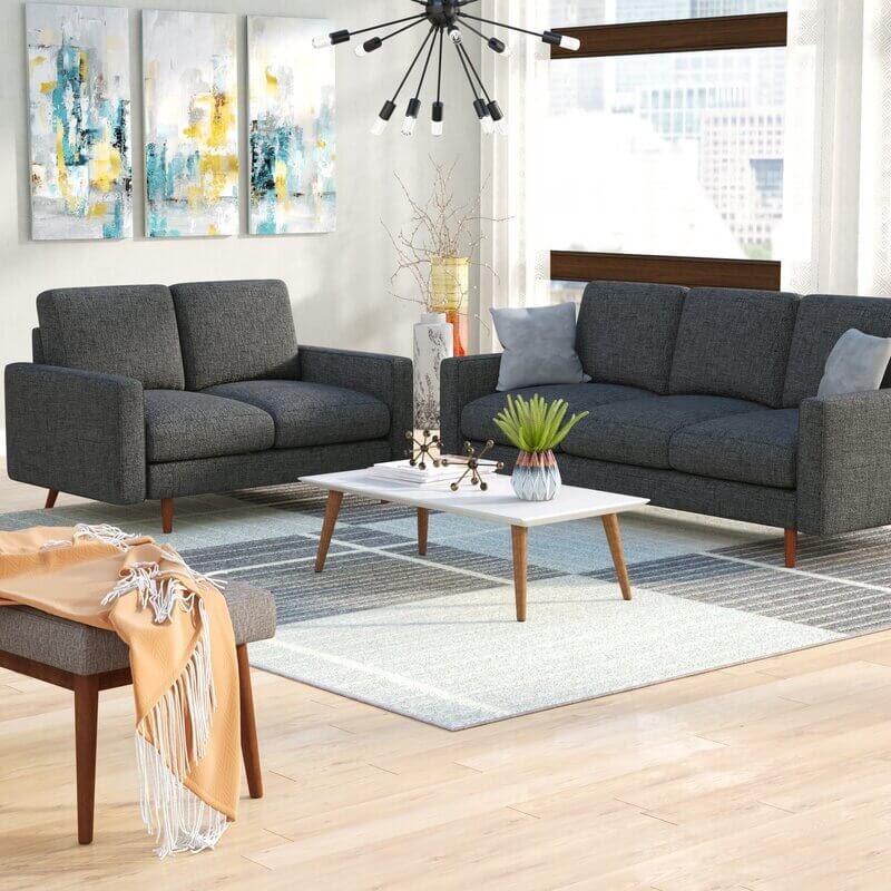 Mid century modern living room with cool and warm color tones.