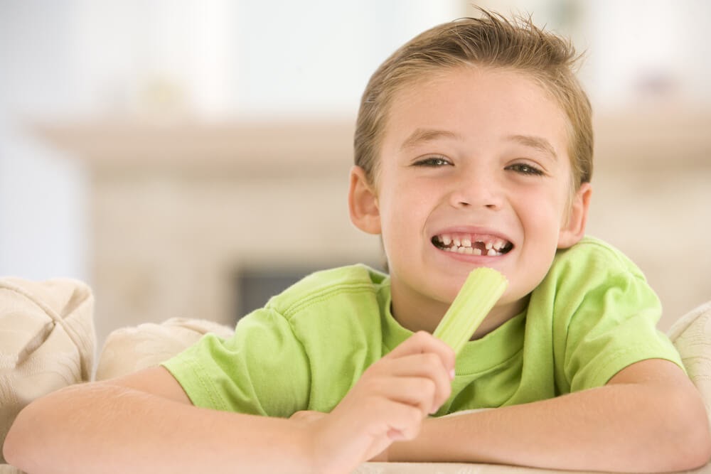 Little boy eating celery.