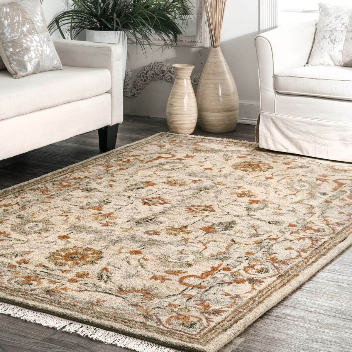 Beige Framed Floral Orchard Area Rug