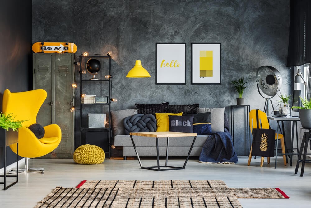 Gray room with yellow accents.