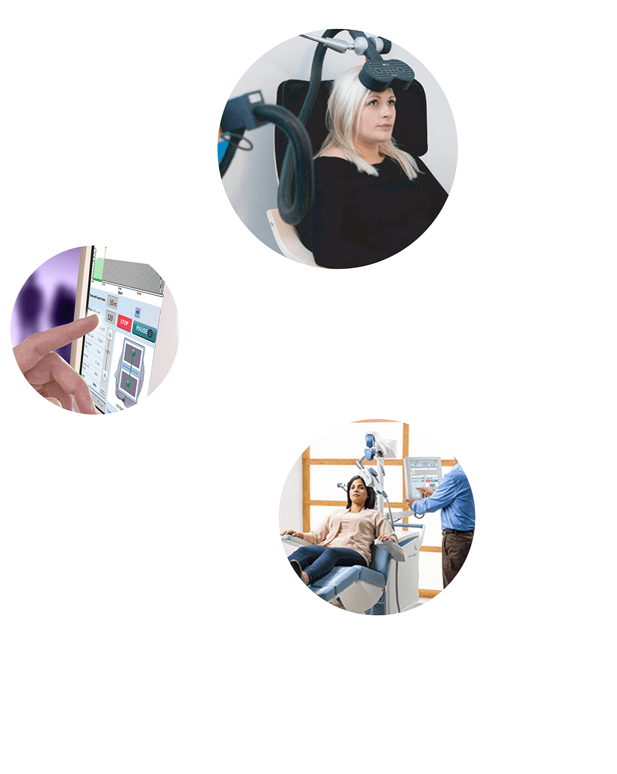A web of photos showing TMS therapy machines in use