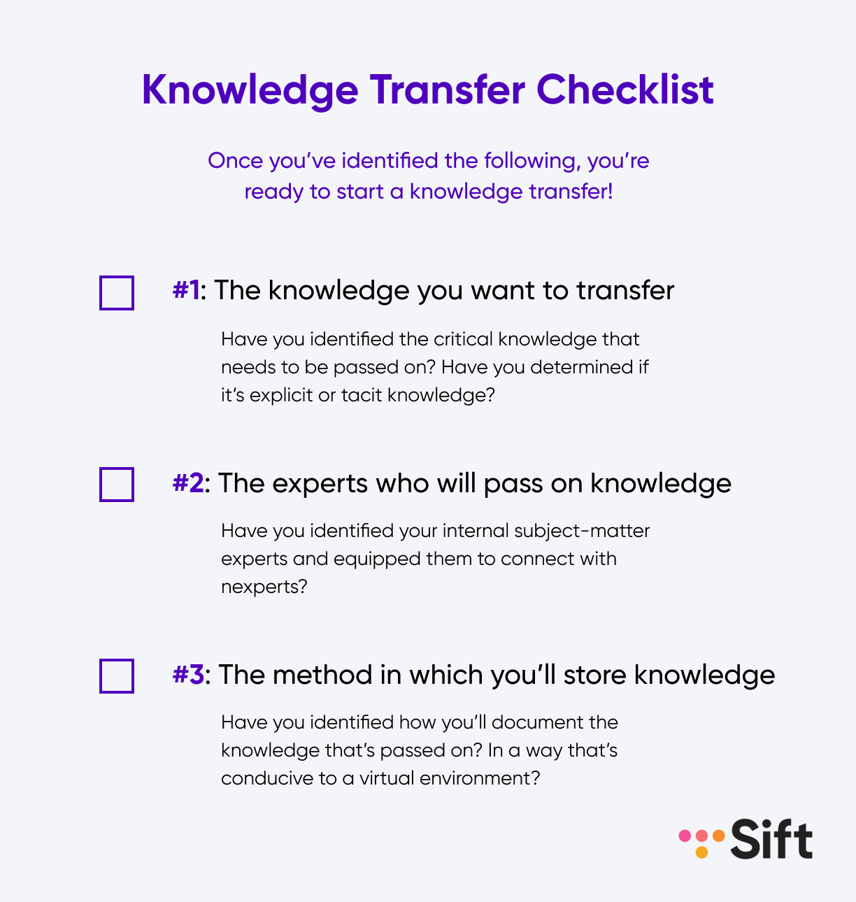 Sift knowledge transfer checklist