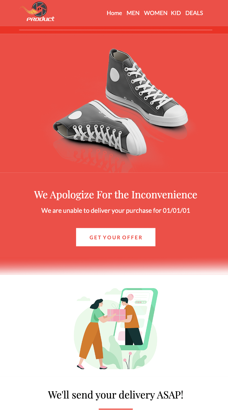 A red-colored email template from Unlayer