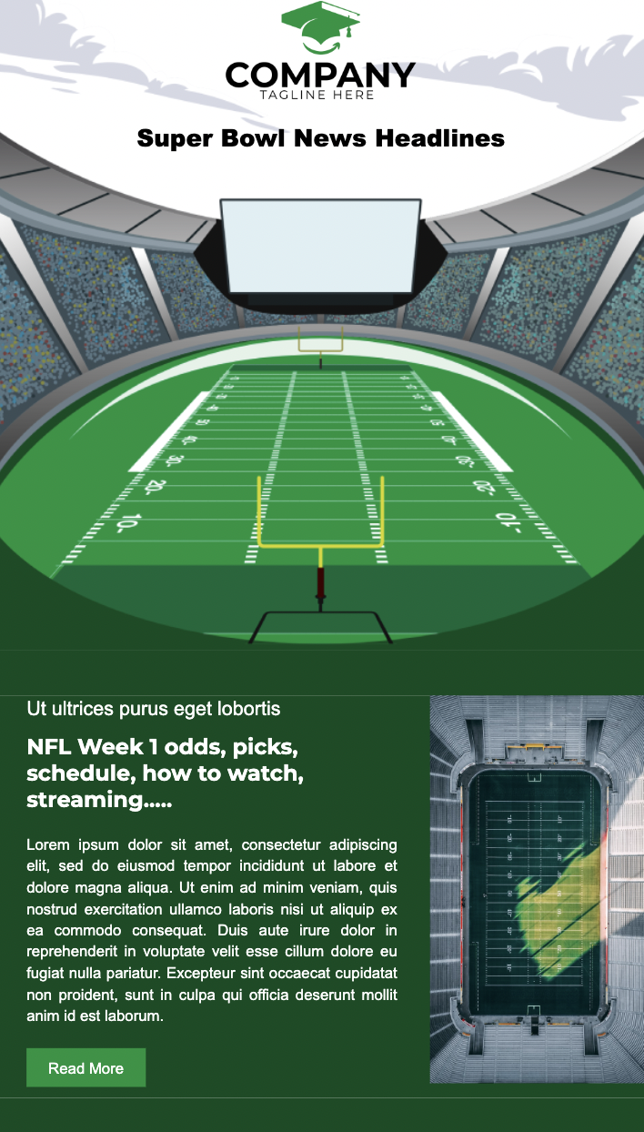Green-colored email template from Unlayer