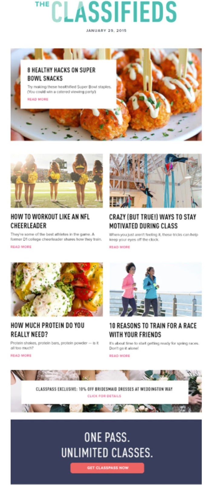 Super bowl email from ClassPass about nutrition and fitness hacks used by football players.