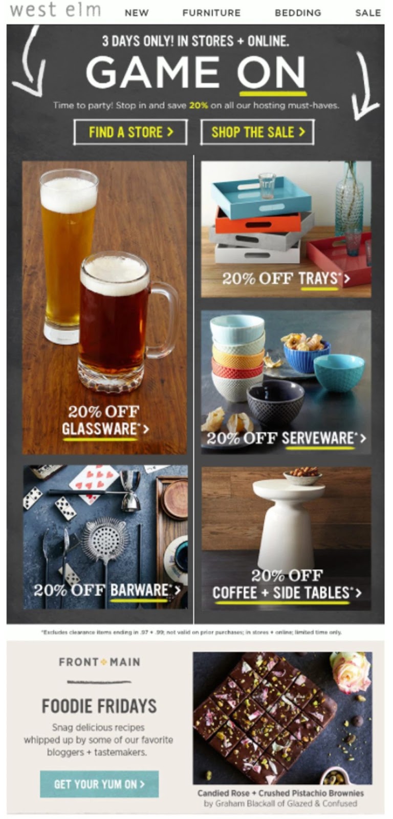 Super Bowl email from West Elm featuring their products and sale.