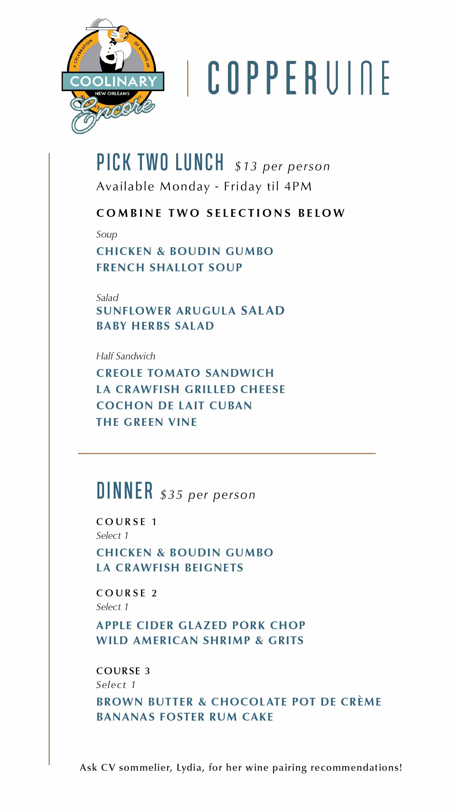 Menu Copper Vine Wine Pub