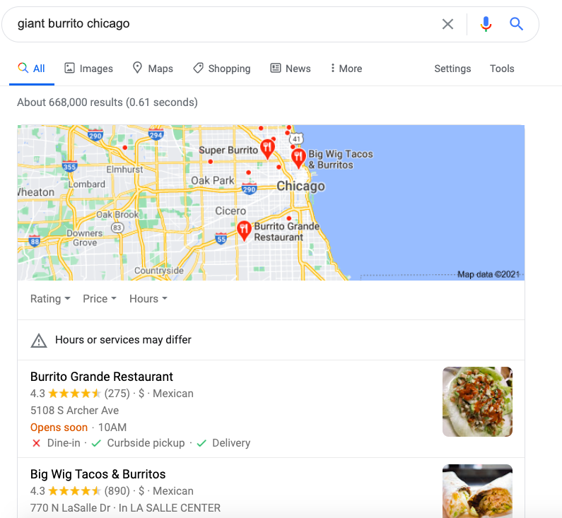 local SEO for restaurant example