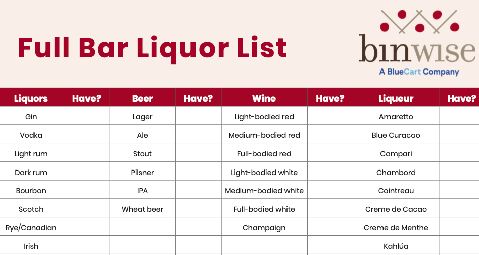 full bar liquor list