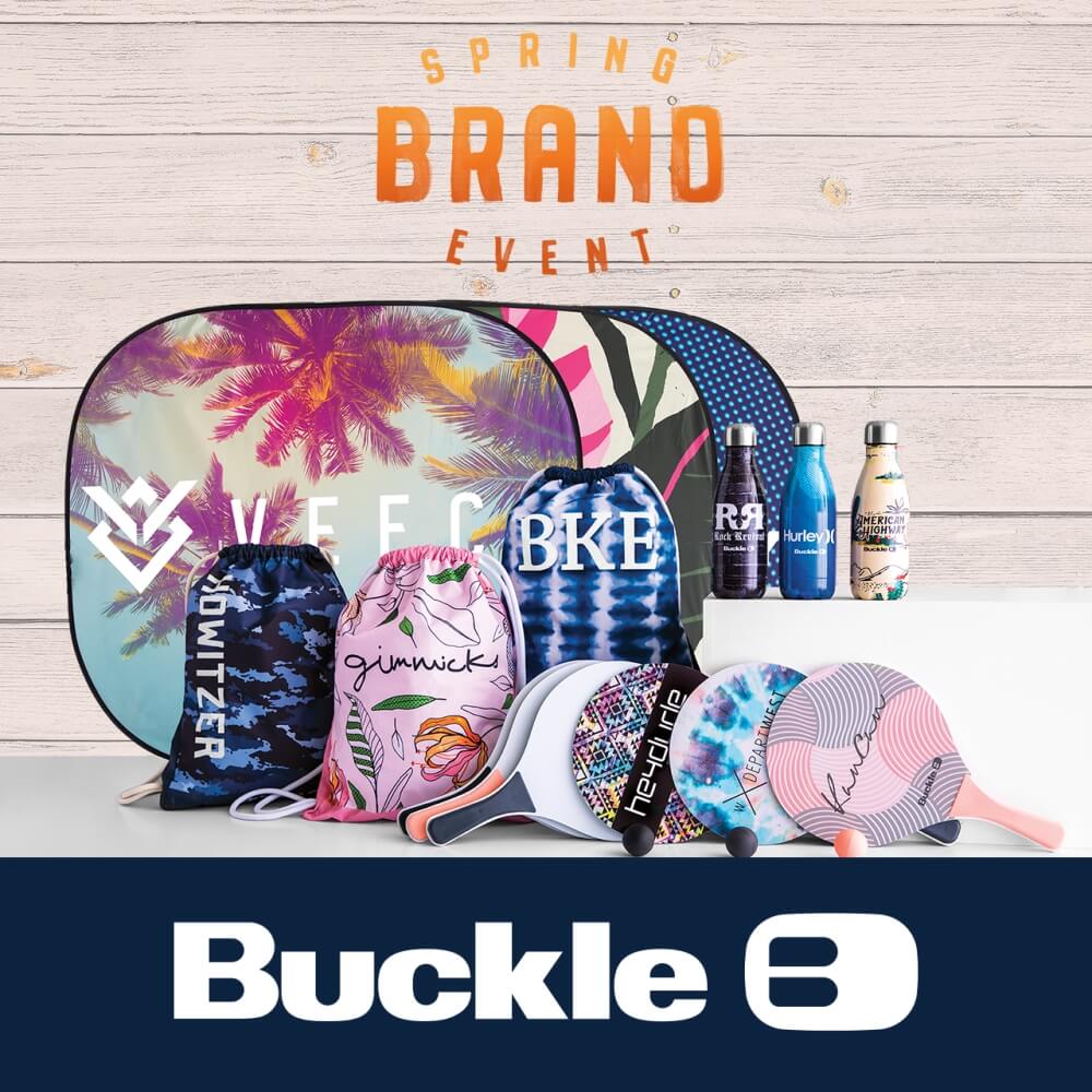Ping pong paddles, sun shades, drawstring bags, and water bottles offered at Buckle