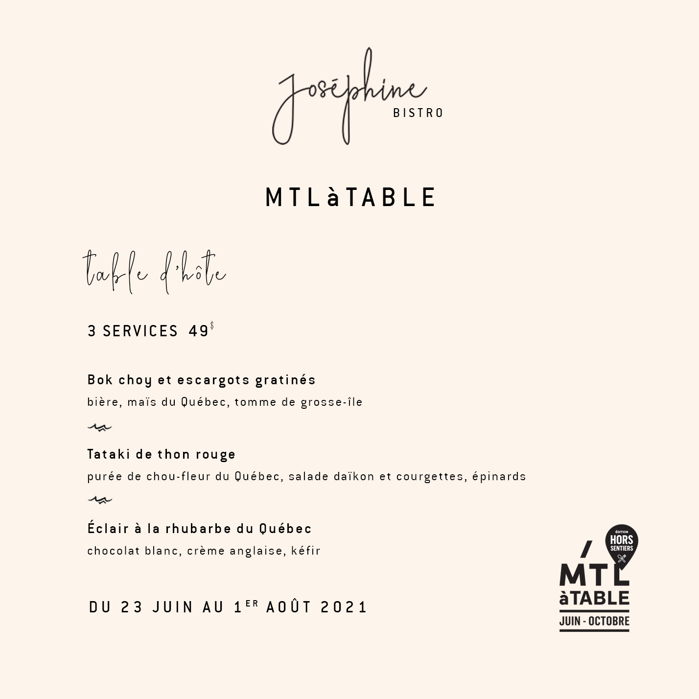 Menu table d'hôte restaurant Joséphine pour MTLàTABLE