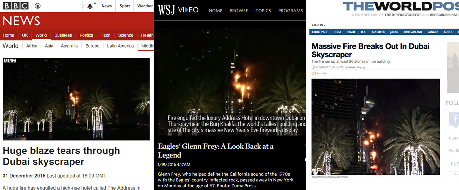 Fire in Dubai skyscrapers during New Year's Eve 2015