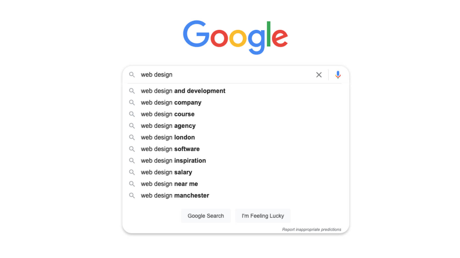 screenshot of google search terms closely related to 'website design'