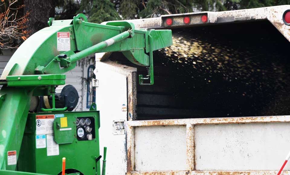 Heavy duty wood chipper spitting out wood chips