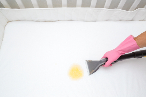 Man cleaning urine from a cot mattress