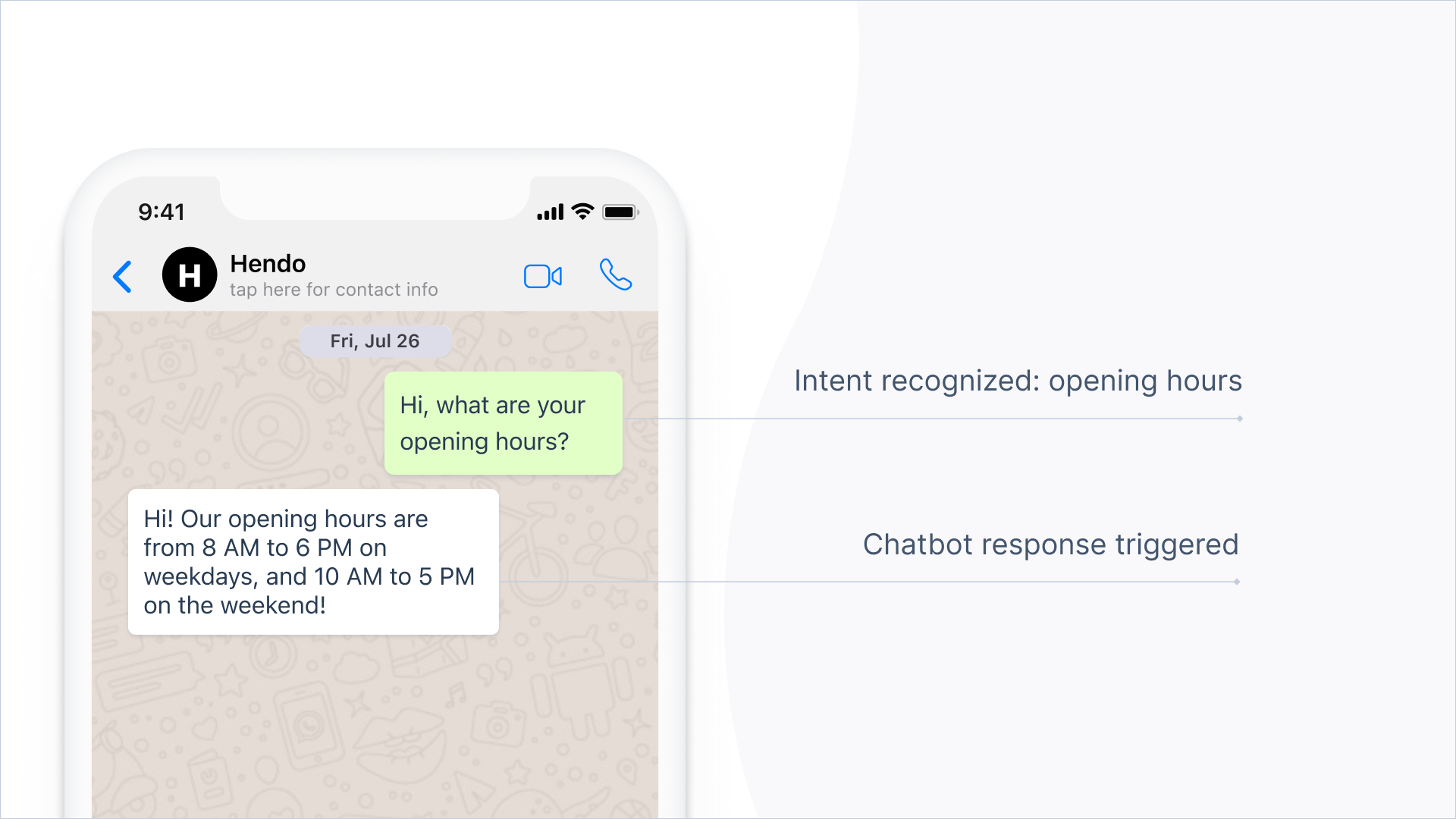 Phone screen with customer asking about opening hours