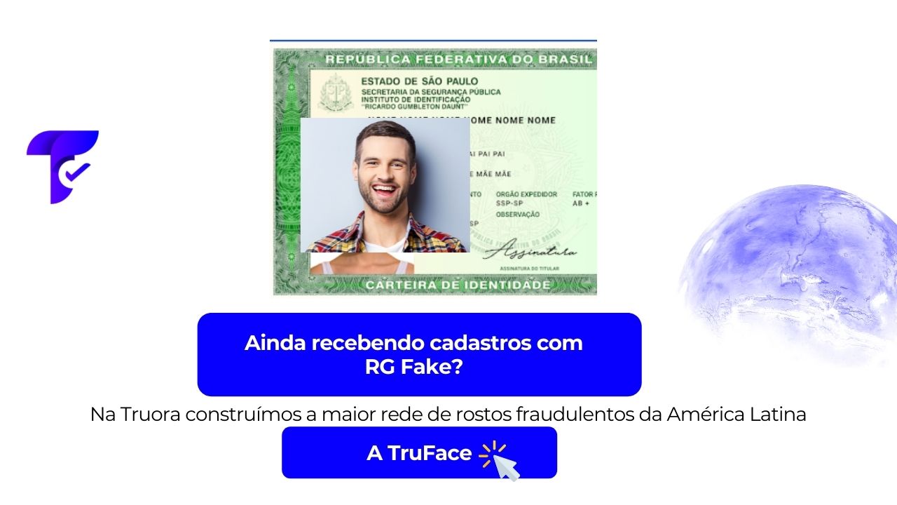 RG fake, abaixo botão azul com link a TruFace: a maior rede de rostos raudulendos da america latina