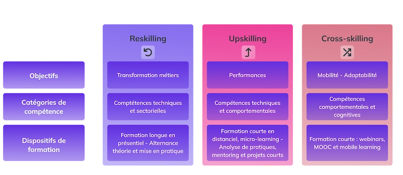 Ensemble des objectifs de reskilling, catégories de compétences et dispositifs adaptés